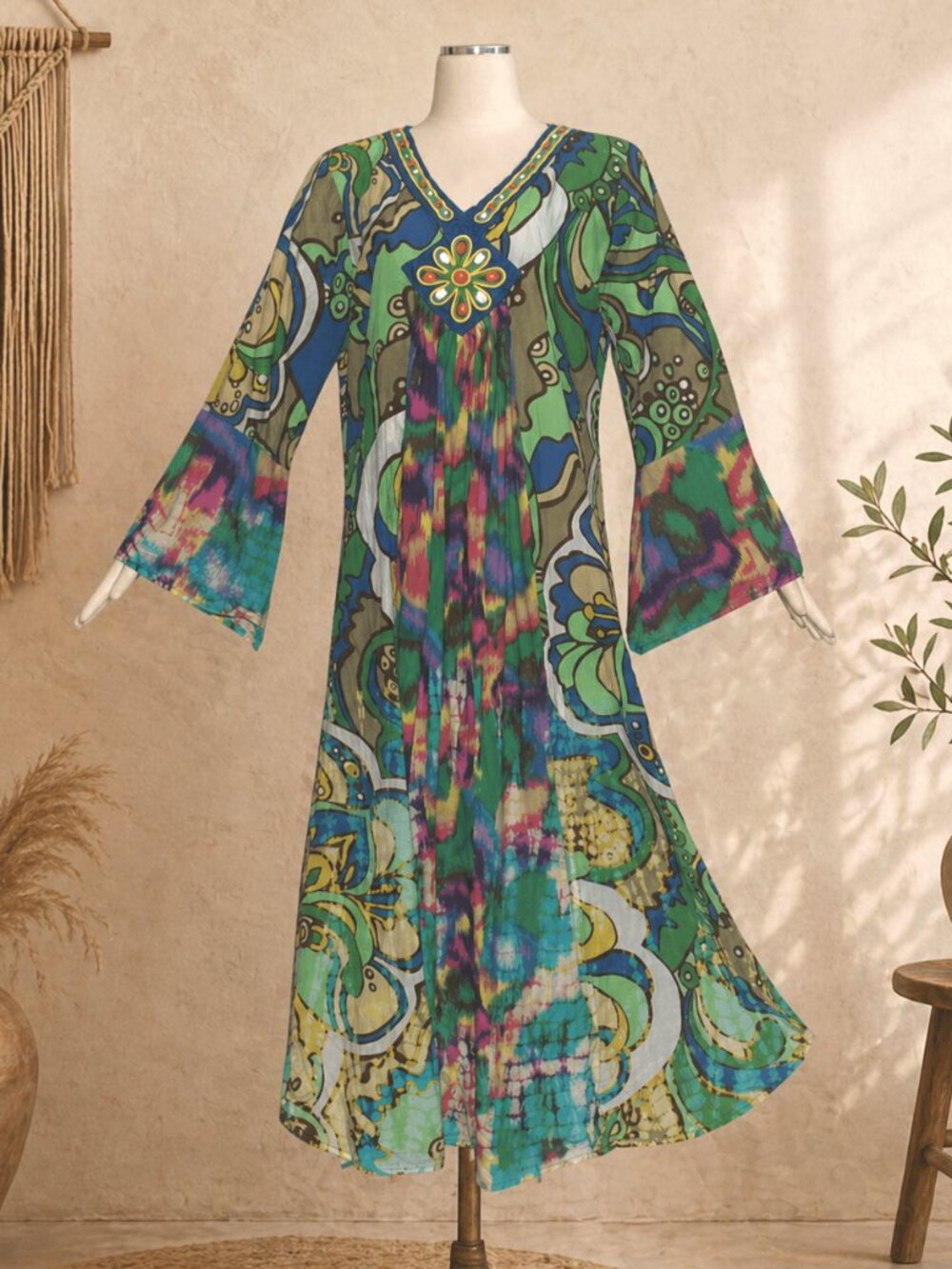 Boho Retro 70s Hippie Style Caftan Dress Swirl Print Flared Long Sleeve Cotton L